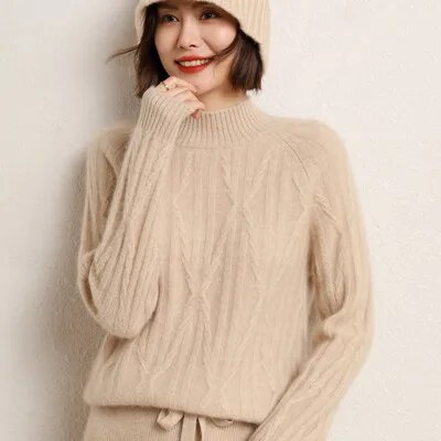 100% wool cashmere sweater 2022 autumn and winter new women's half turtleneck pullover casual solid color jacket knitted top beige