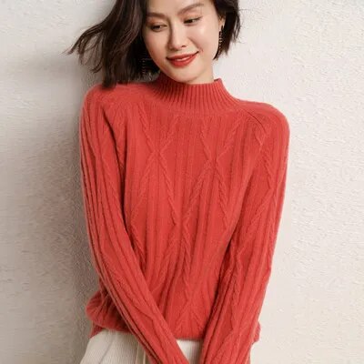 100% wool cashmere sweater 2022 autumn and winter new women's half turtleneck pullover casual solid color jacket knitted top red bean paste