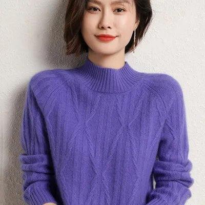 100% wool cashmere sweater 2022 autumn and winter new women's half turtleneck pullover casual solid color jacket knitted top flower blue