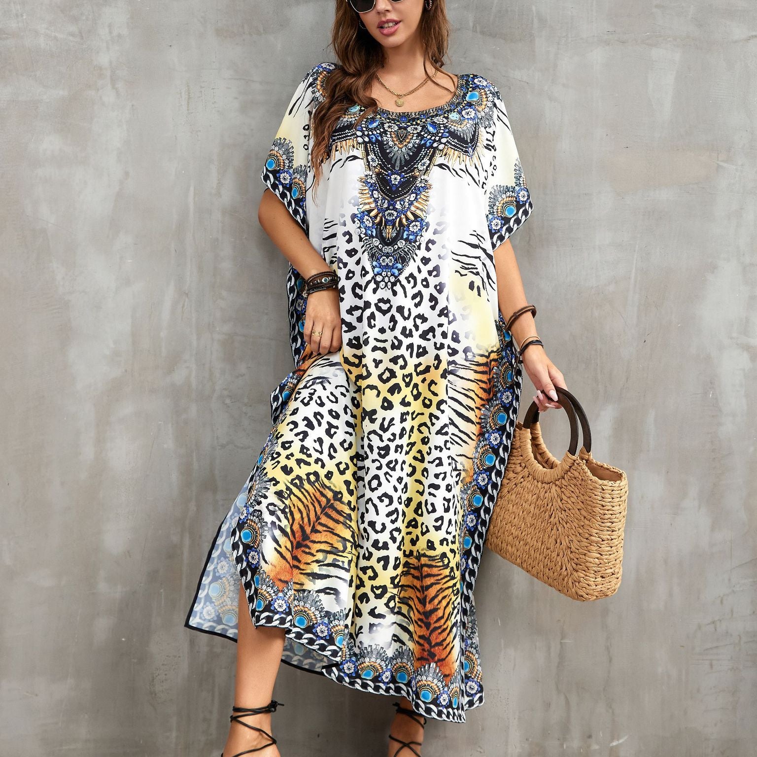 Polyester National Wind Positioning Printed Beach Smock Robe Type Sunscreen Shirt Holiday Dress Color19