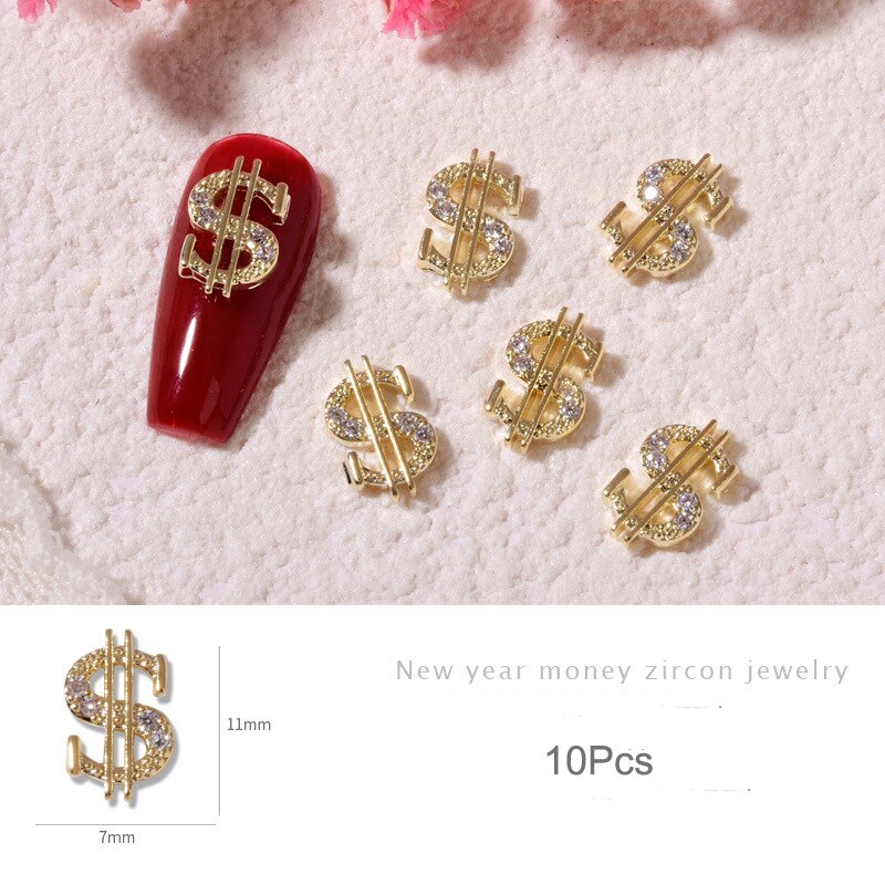 10pcs Gold Dollar Sign Nail Charm 3D Alloy New Trendy Money Press On Nail Rhinestone Jewelry Luxury DIY Manicure Supplies 10pcs gold