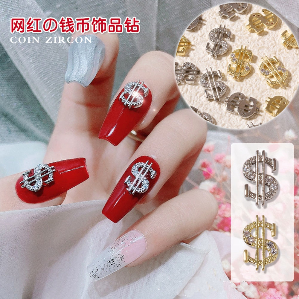 10pcs Gold Dollar Sign Nail Charm 3D Alloy New Trendy Money Press On Nail Rhinestone Jewelry Luxury DIY Manicure Supplies AMAIO