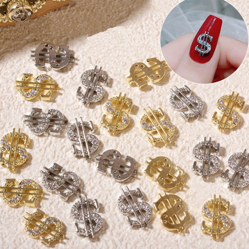 10pcs Gold Dollar Sign Nail Charm 3D Alloy New Trendy Money Press On Nail Rhinestone Jewelry Luxury DIY Manicure Supplies