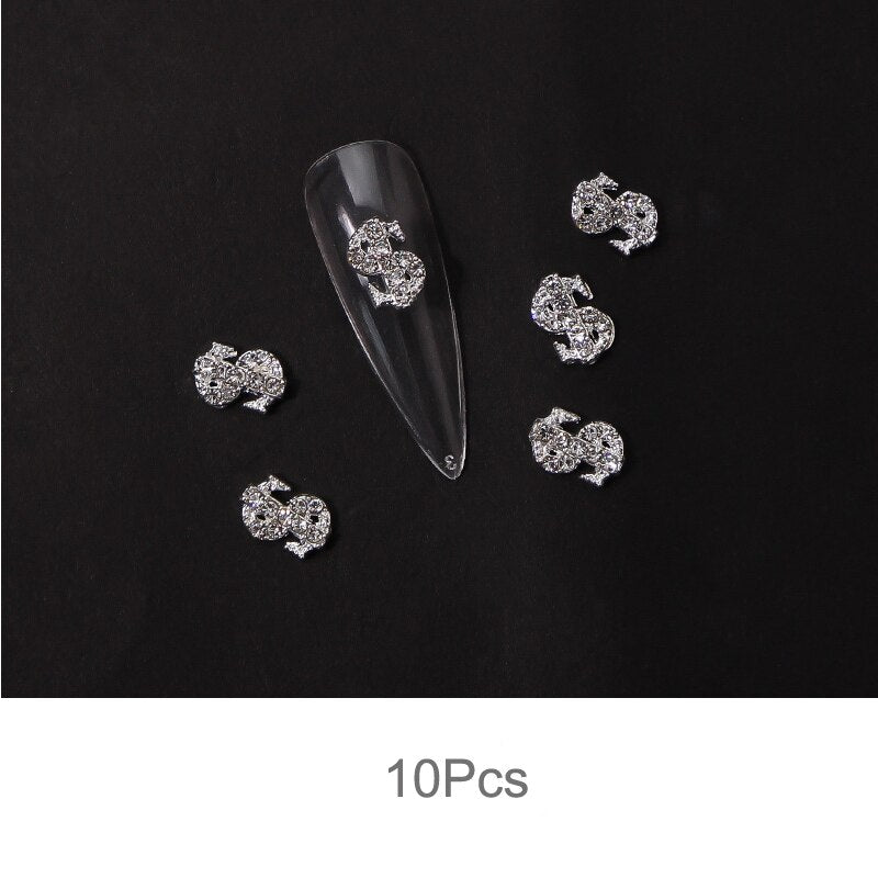 10pcs Gold Dollar Sign Nail Charm 3D Alloy New Trendy Money Press On Nail Rhinestone Jewelry Luxury DIY Manicure Supplies 10pcs silver 1