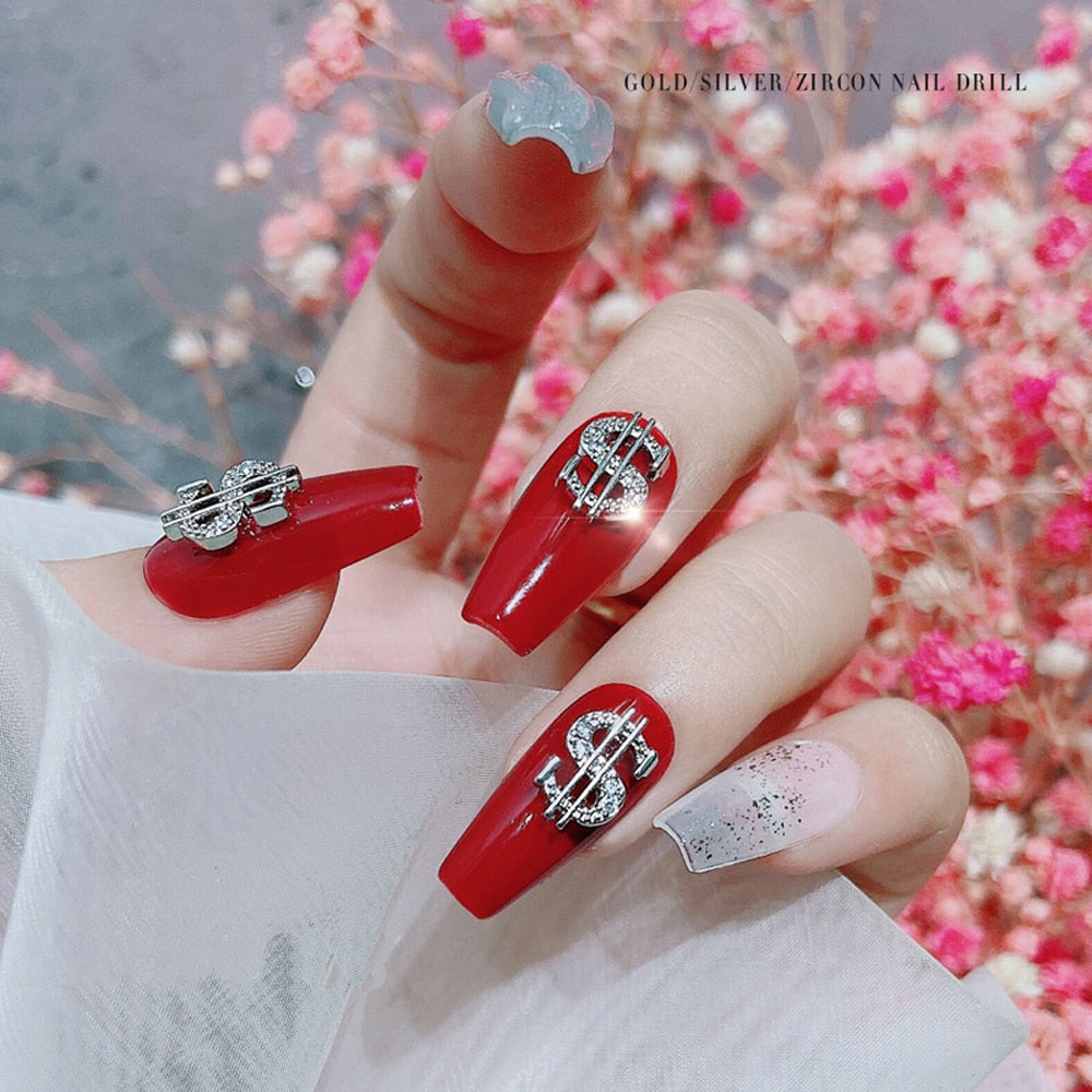 10pcs Gold Dollar Sign Nail Charm 3D Alloy New Trendy Money Press On Nail Rhinestone Jewelry Luxury DIY Manicure Supplies