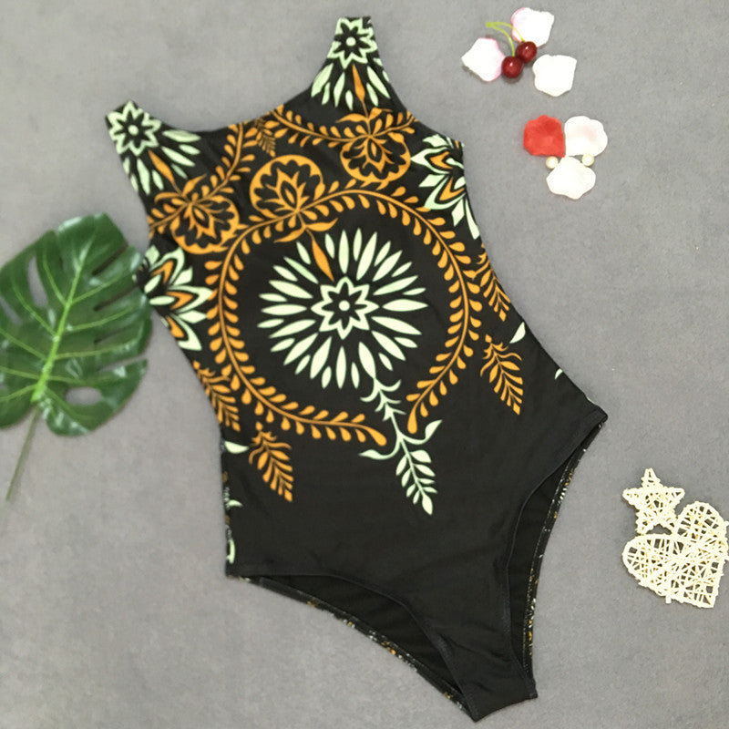 Retro print bikini one-piece swimsuit Black