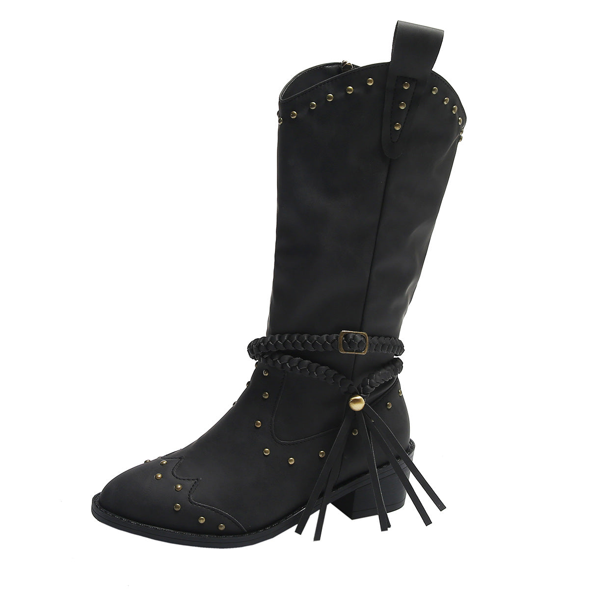 Retro Tassel Boots With Braided Rope Strap Buckle Design Shoes Winter Footwear New Mid-calf Knight Western Boots For Women Black
