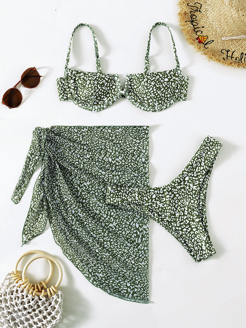 Three-piece Floral Bikini Beach Dress Green