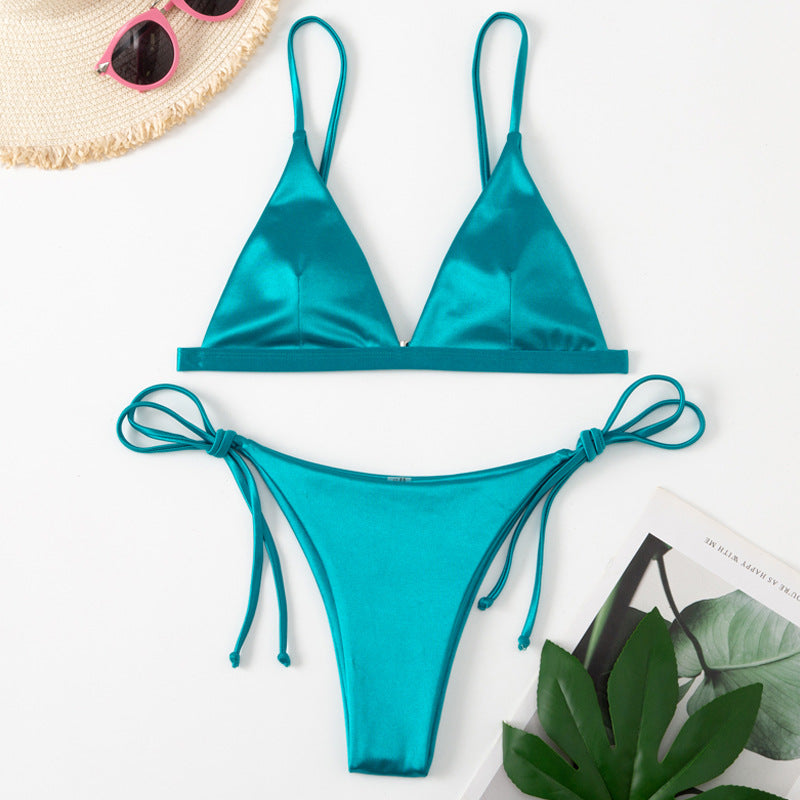 Three-point Bikini With Hanging Neck Solid And Simple Color Green