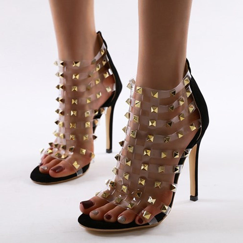 Прозрачные босоножки на высоком каблуке с заклепками в римском стиле на высоком каблуке 12 см