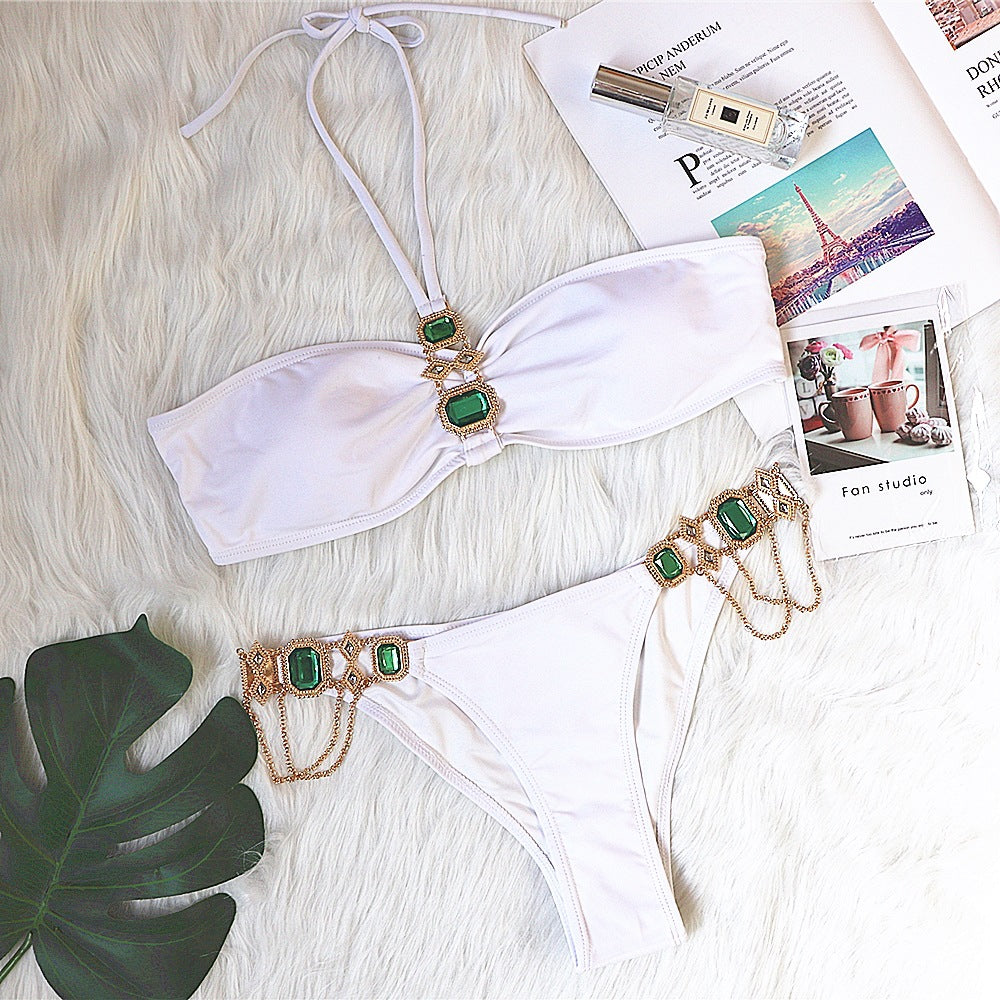 Sexy Luxury Crystal Diamond Chain Female Split Swimsuit White