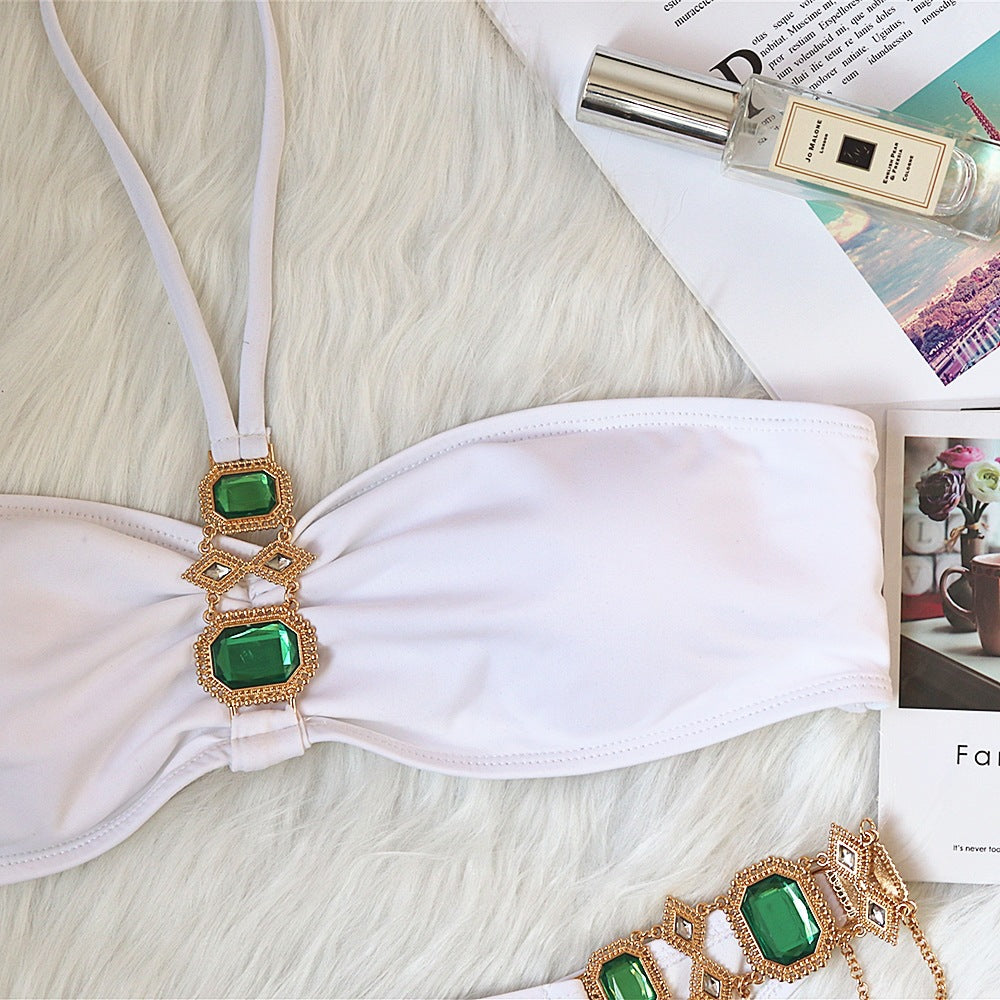 Sexy Luxury Crystal Diamond Chain Female Split Swimsuit