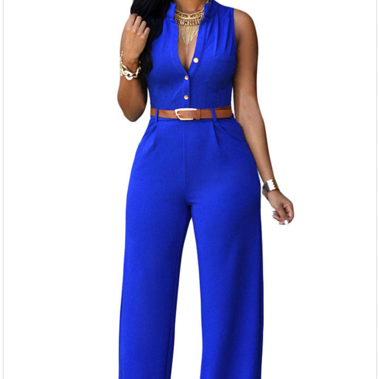 Single-Breasted High-Waisted Wide-Leg Jumpsuit With Belt Blue