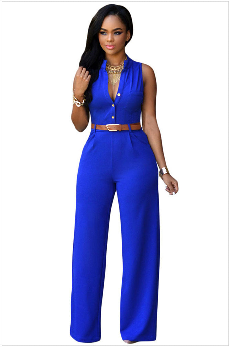 Single-Breasted High-Waisted Wide-Leg Jumpsuit With Belt Blue