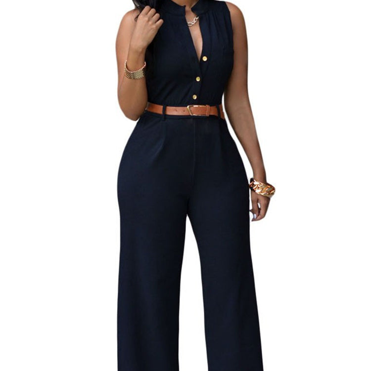 Single-Breasted High-Waisted Wide-Leg Jumpsuit With Belt Black