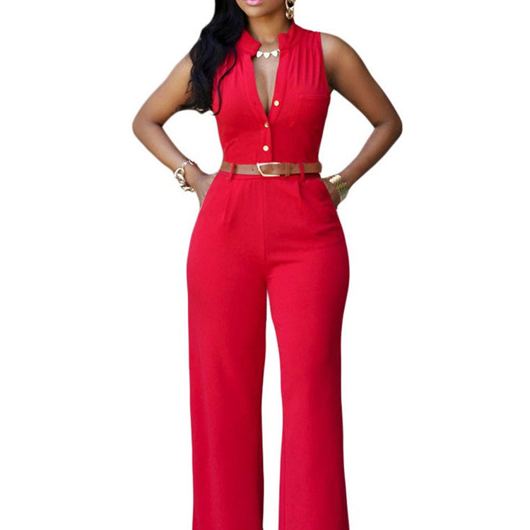 Single-Breasted High-Waisted Wide-Leg Jumpsuit With Belt Red