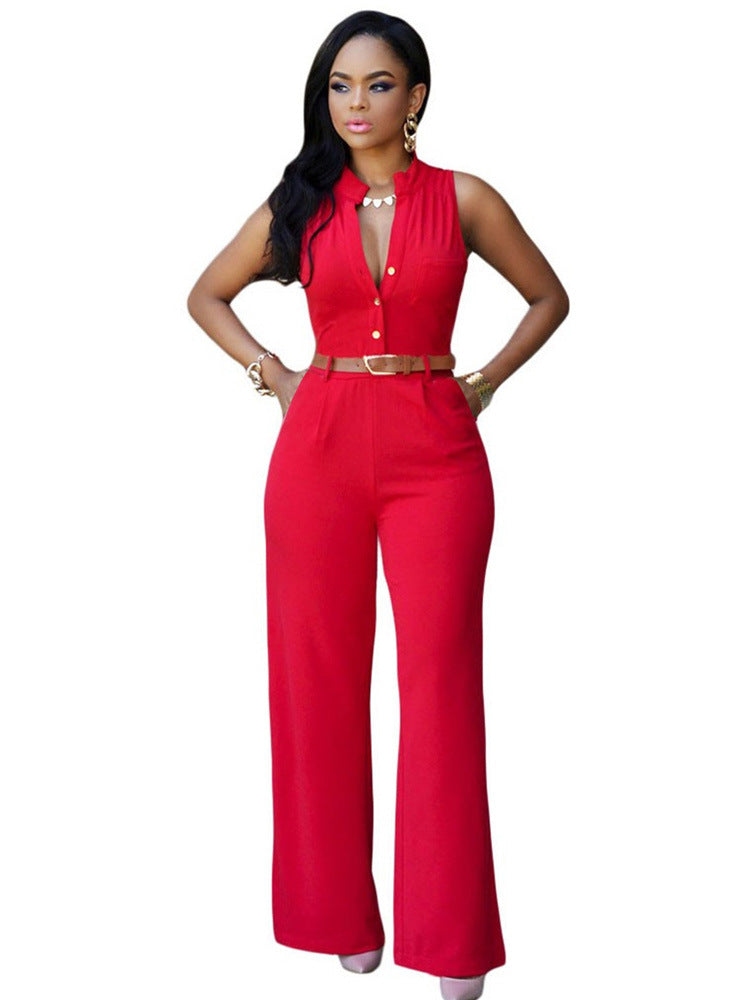 Single-Breasted High-Waisted Wide-Leg Jumpsuit With Belt Red