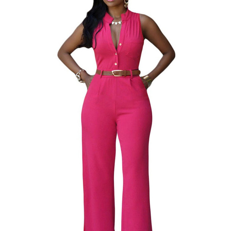 Single-Breasted High-Waisted Wide-Leg Jumpsuit With Belt Pink