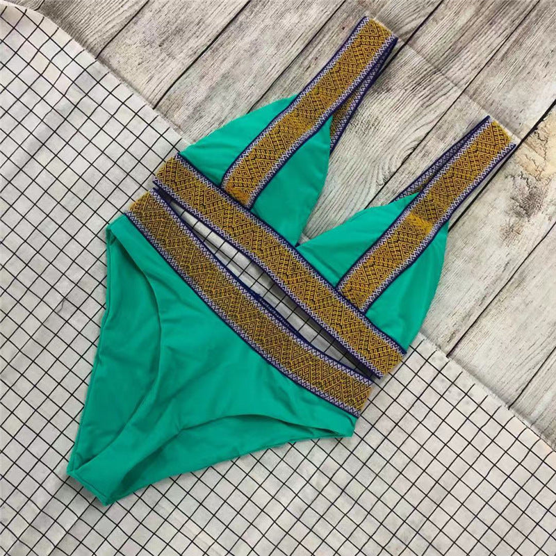 Sexy Triangle Color Matching High Waisted Sports Swimsuit European And American New Holiday Backless Bikini Green