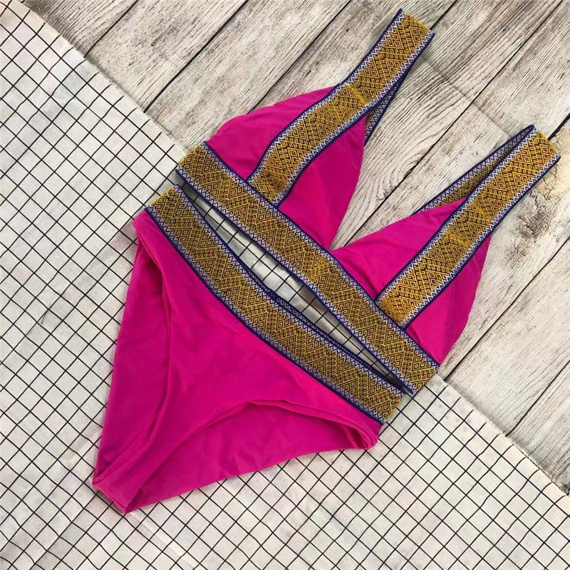 Sexy Triangle Color Matching High Waisted Sports Swimsuit European And American New Holiday Backless Bikini Rose red