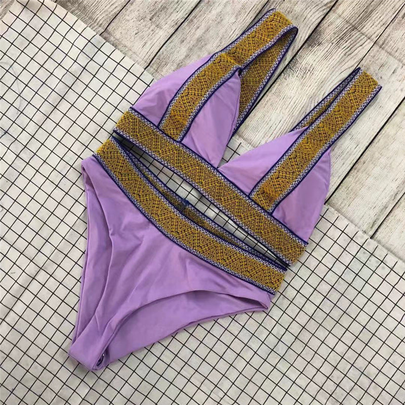 Sexy Triangle Color Matching High Waisted Sports Swimsuit European And American New Holiday Backless Bikini Light purple