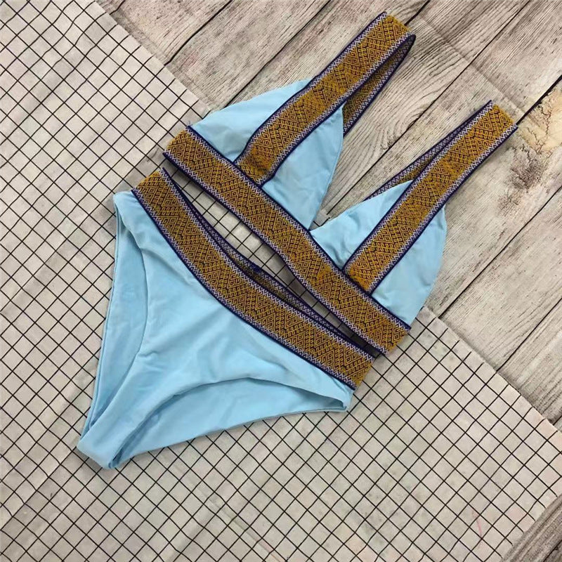 Sexy Triangle Color Matching High Waisted Sports Swimsuit European And American New Holiday Backless Bikini Light blue