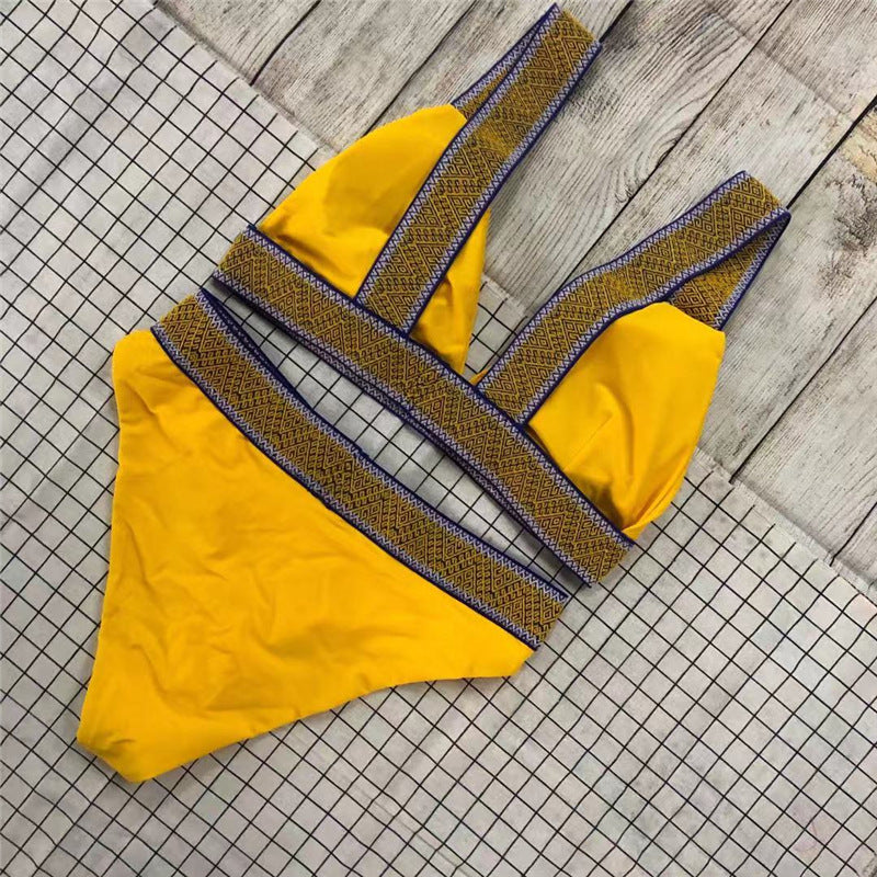 Sexy Triangle Color Matching High Waisted Sports Swimsuit European And American New Holiday Backless Bikini Yellow