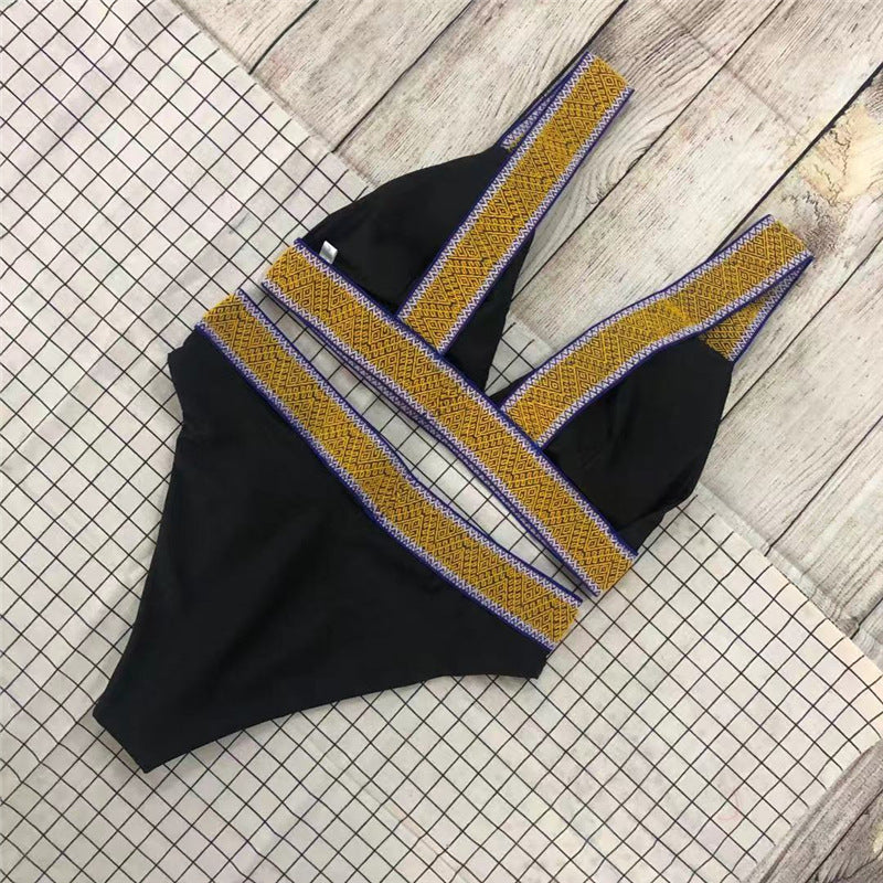 Sexy Triangle Color Matching High Waisted Sports Swimsuit European And American New Holiday Backless Bikini Black