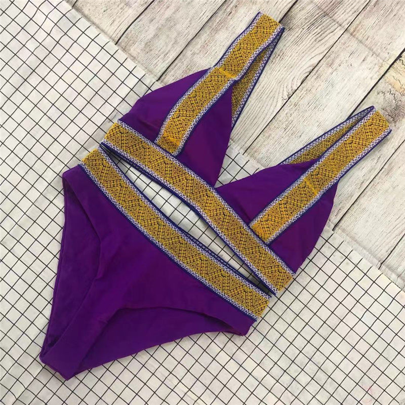 Sexy Triangle Color Matching High Waisted Sports Swimsuit European And American New Holiday Backless Bikini Purple