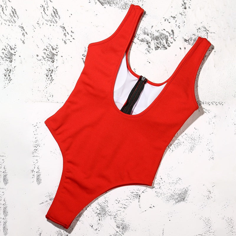 Solid color zipper stitching sexy swimsuit