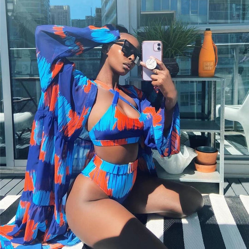 Sexy Spring And Summer Digital Printing Split Swimsuit Three-piece Suit