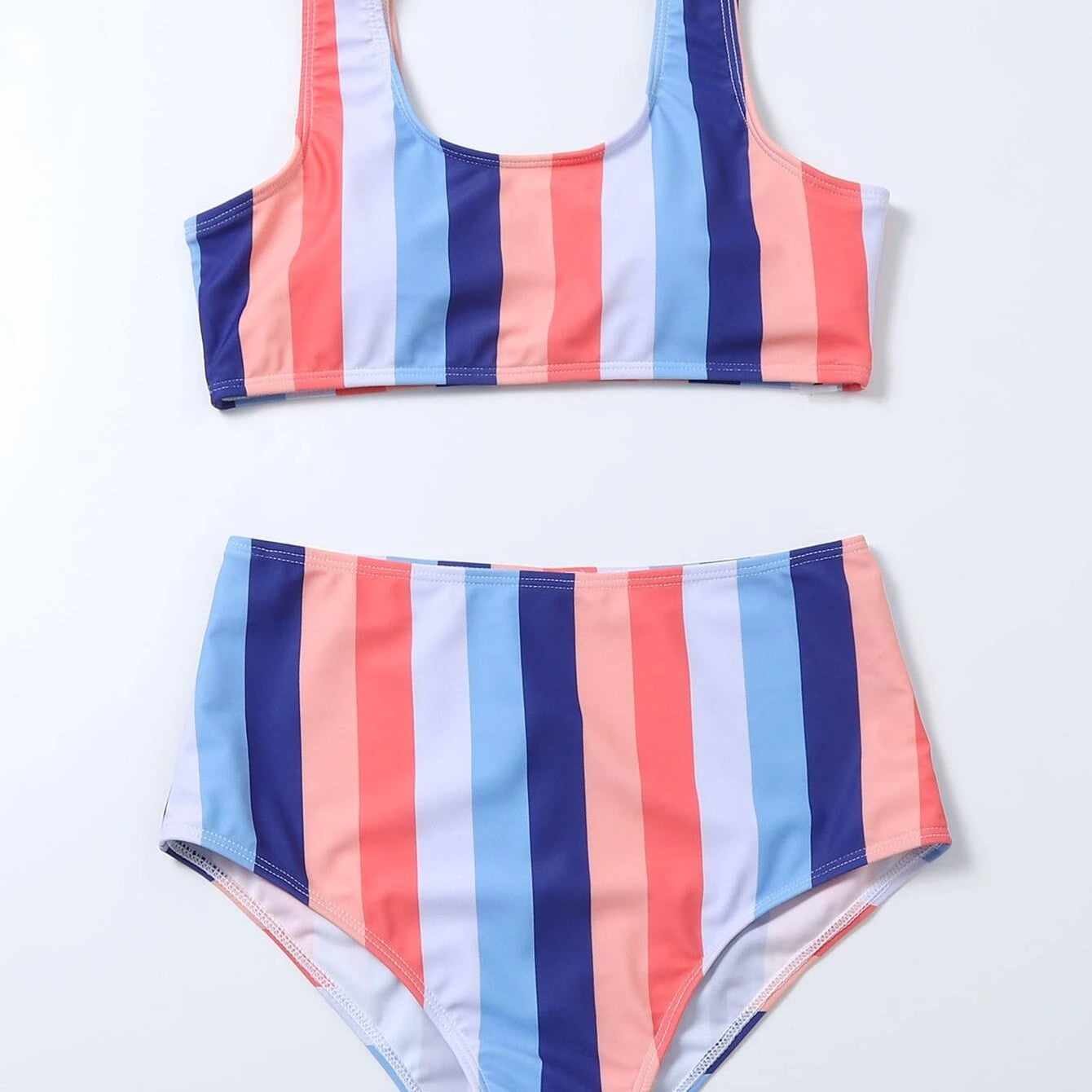 Striped Print Bikini High Waist Swimsuit Pink