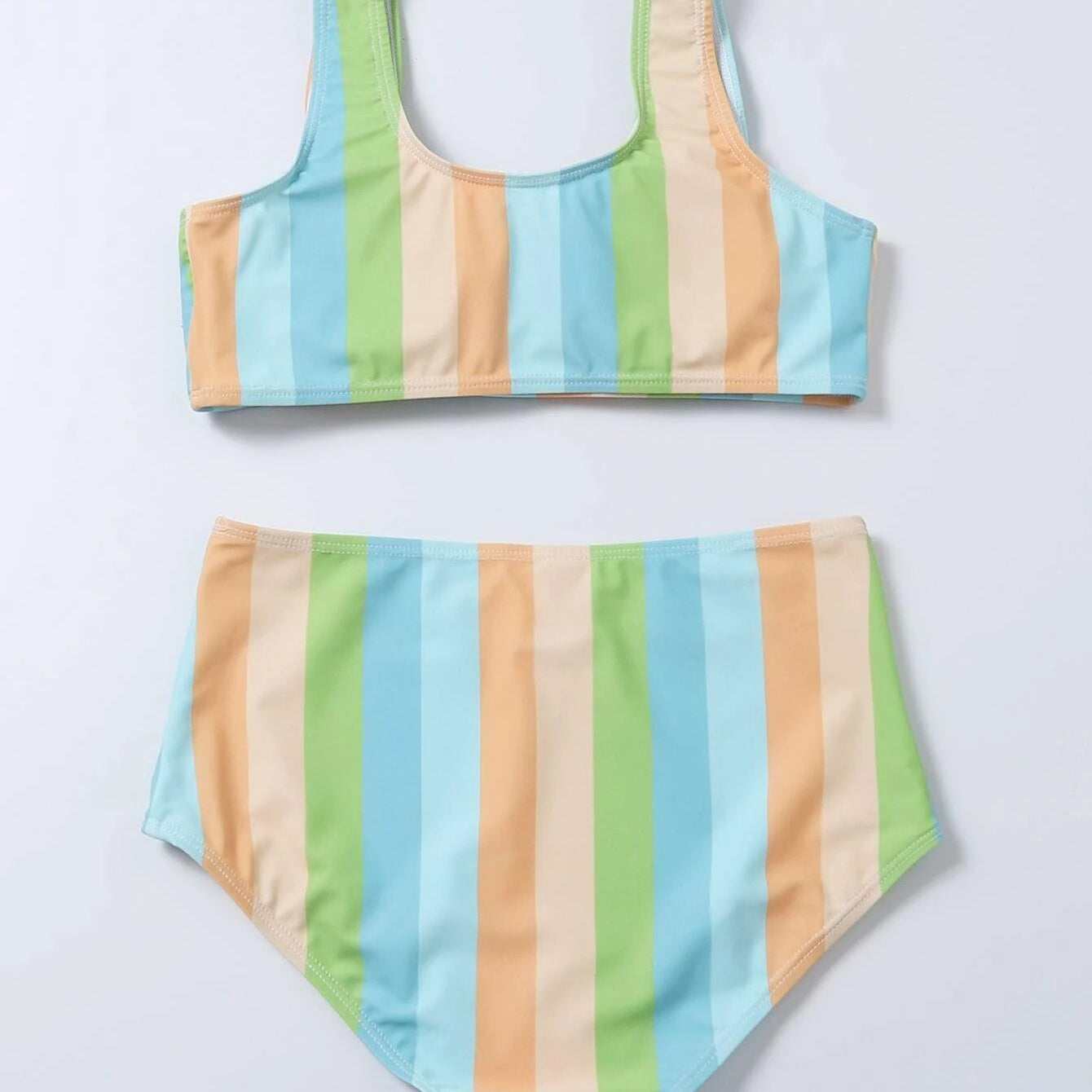 Striped Print Bikini High Waist Swimsuit Green