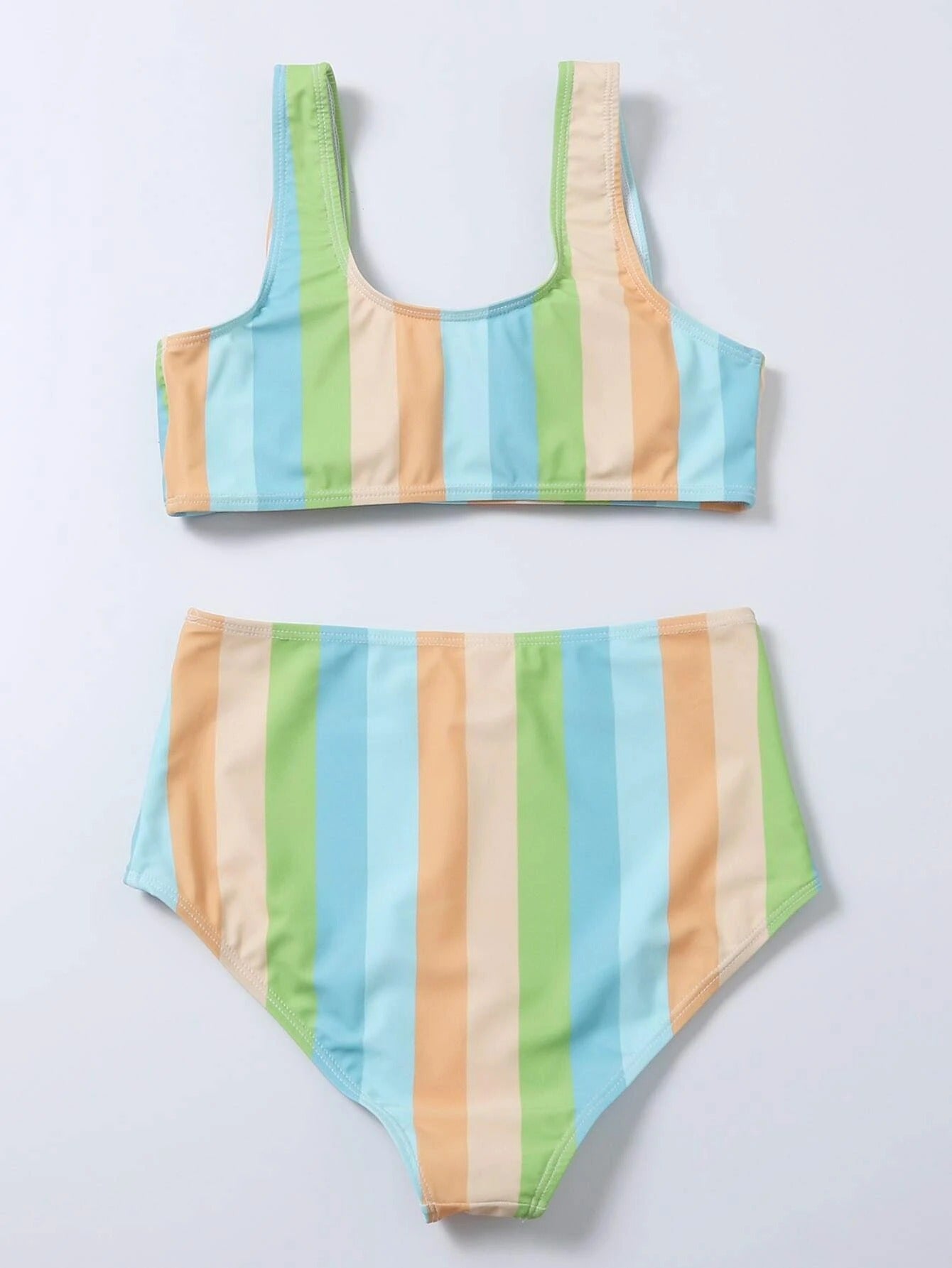Striped Print Bikini High Waist Swimsuit Green