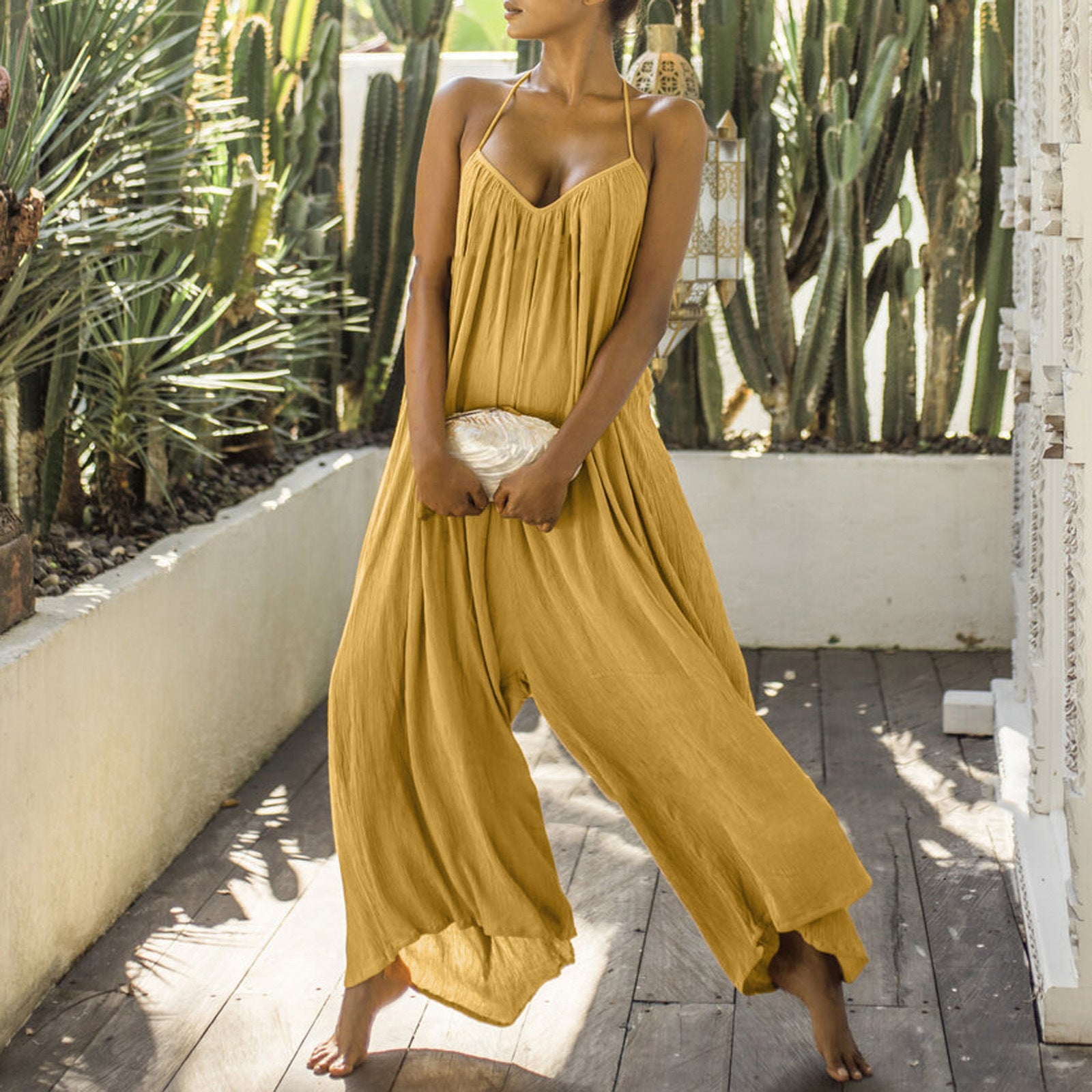 Solid Color One Piece Sleeveless Sports Loose Women's Jumpsuit Yellow