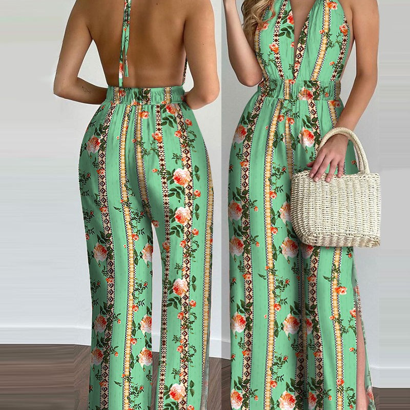 Printed Halterneck Sexy Split Jumpsuit Women Green