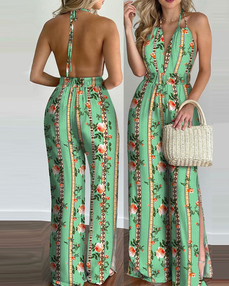 Printed Halterneck Sexy Split Jumpsuit Women Green