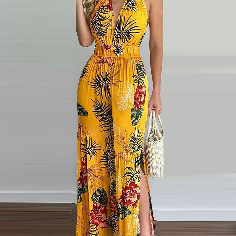 Printed Halterneck Sexy Split Jumpsuit Women Yellow