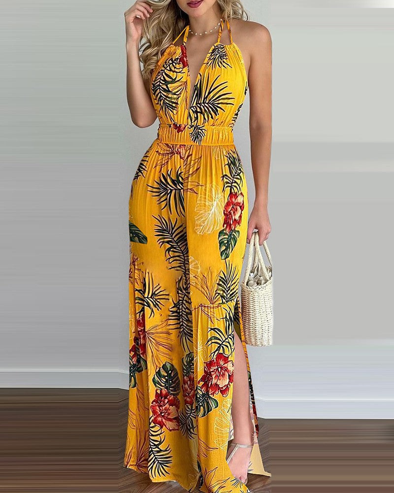 Printed Halterneck Sexy Split Jumpsuit Women Yellow