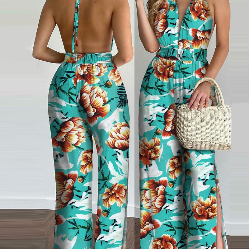 Printed Halterneck Sexy Split Jumpsuit Women