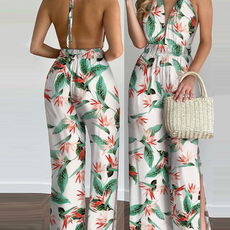 Printed Halterneck Sexy Split Jumpsuit Women White