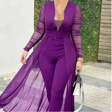 Women's Fashion Deep V-neck Long Sleeve Lace Stitching Solid Color Slim Bodysuit Purple