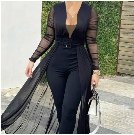 Women's Fashion Deep V-neck Long Sleeve Lace Stitching Solid Color Slim Bodysuit Black