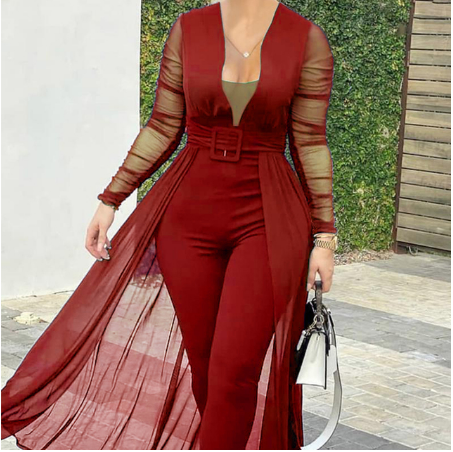 Women's Fashion Deep V-neck Long Sleeve Lace Stitching Solid Color Slim Bodysuit Red