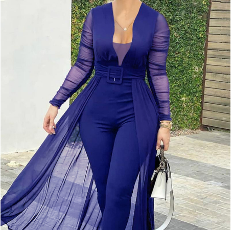 Women's Fashion Deep V-neck Long Sleeve Lace Stitching Solid Color Slim Bodysuit Blue