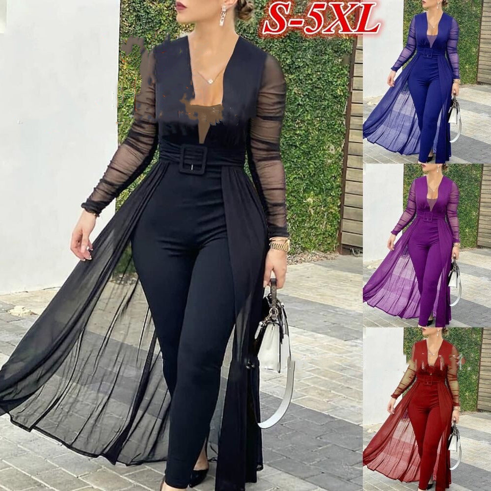 Women's Fashion Deep V-neck Long Sleeve Lace Stitching Solid Color Slim Bodysuit