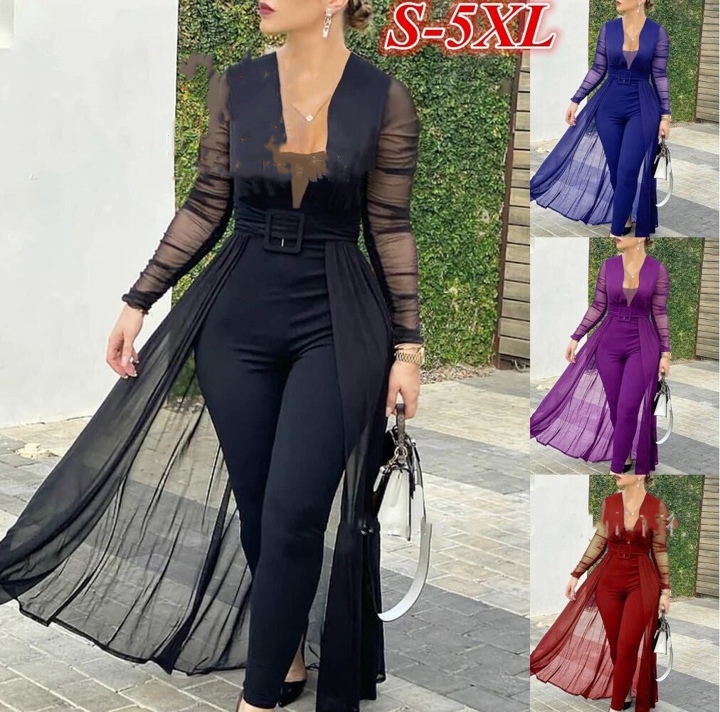 Women's Fashion Deep V-neck Long Sleeve Lace Stitching Solid Color Slim Bodysuit