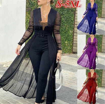 Women's Fashion Deep V-neck Long Sleeve Lace Stitching Solid Color Slim Bodysuit
