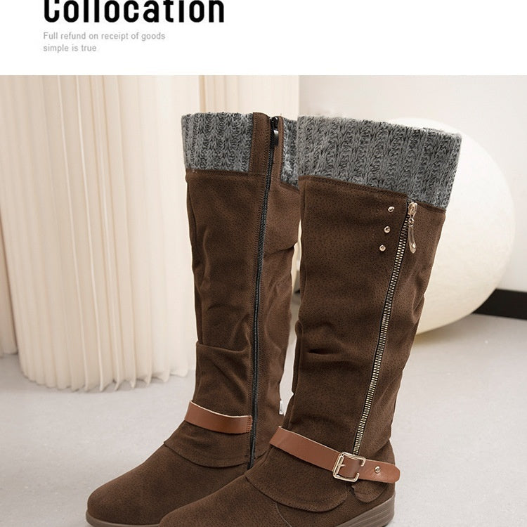 Plus Size Long Tube Women's Boots Chunky Heel Side Zip Wool Stitching