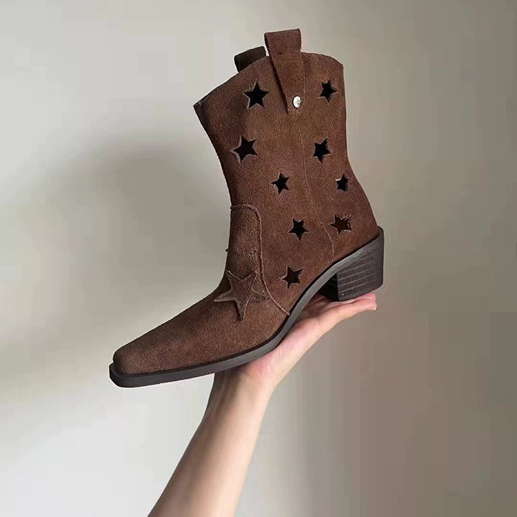 Western Women's Square Toe Chunky Heel Denim Dr Martens Boots